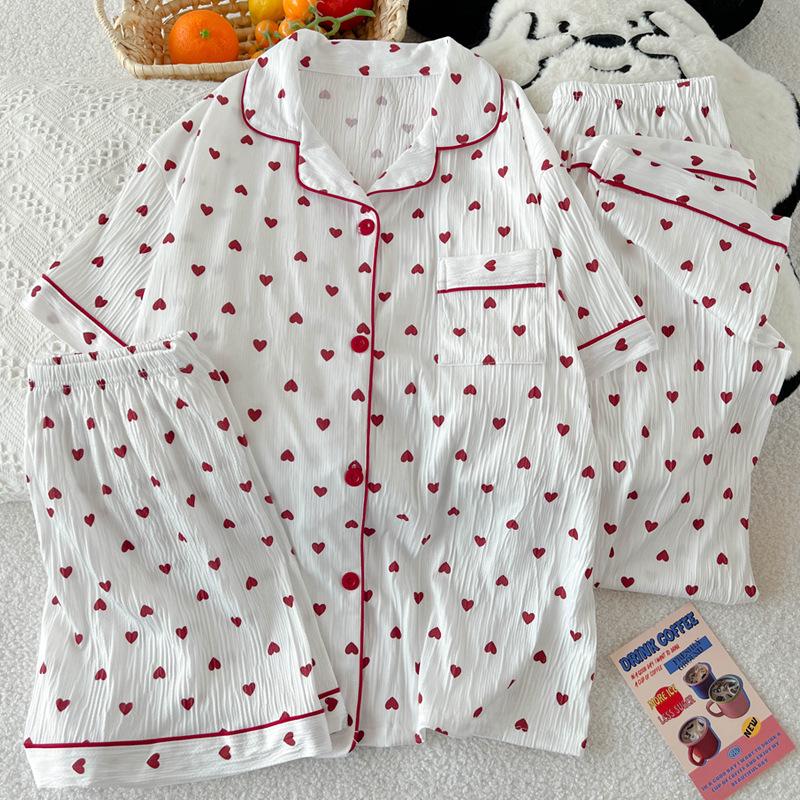 Women's Red Heart Summer Pajama Set - Short-Sleeved, Wearable Outdoors, Three Pieces