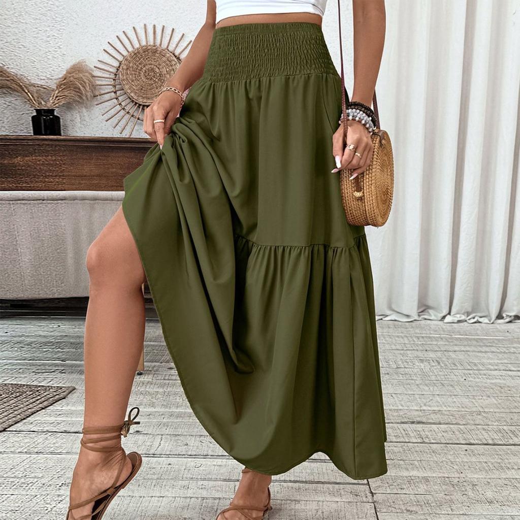 Women's Fashion Pleated Floral Print Elastic Waist Loose Splicing A Line Pocket Skirt