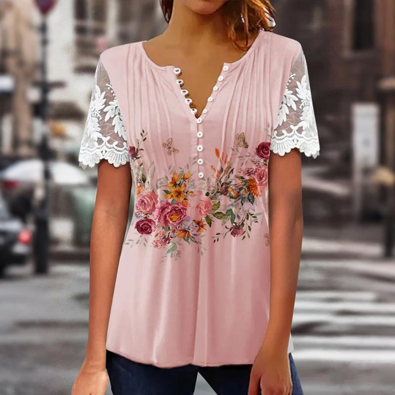 Women Summer Short Sleeve V Neck Printed T Shirt Top