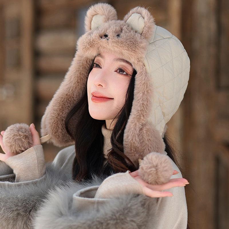 Winter cute rabbit ears plush hat women's thickened plush warm cycling cold ear hat