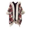 Capa chal a cuadros con cuello de vellón de felpa gruesa con borlas de punto chal chaqueta de lana de gran tamaño 0859