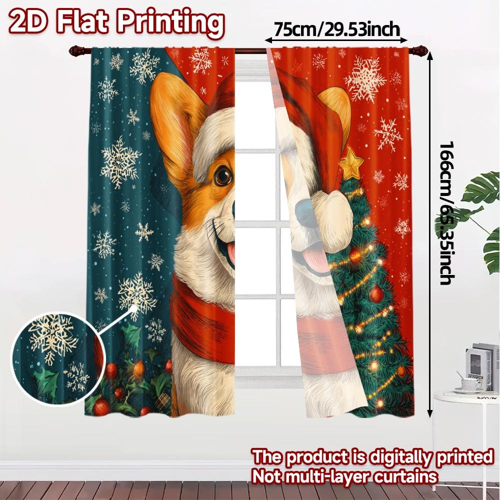 2D Flat Printing  JIT 2pcs   Curtains (Without Rod) Christmas Corgi Modern Curtain Fabric Machine Washable Fabric Curtains