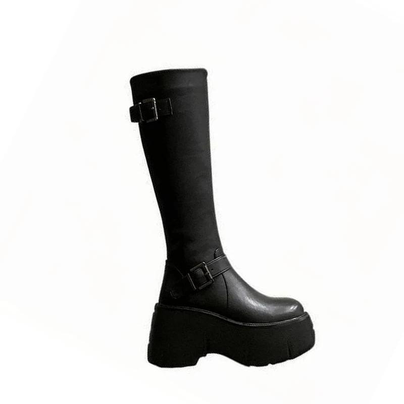Mode Mode Damen Plateau Kniehohe Stiefel Gürtelschnalle Designer 2025 Trend Winter PU Leder Punk Party Motorradstiefel Damenschuhe