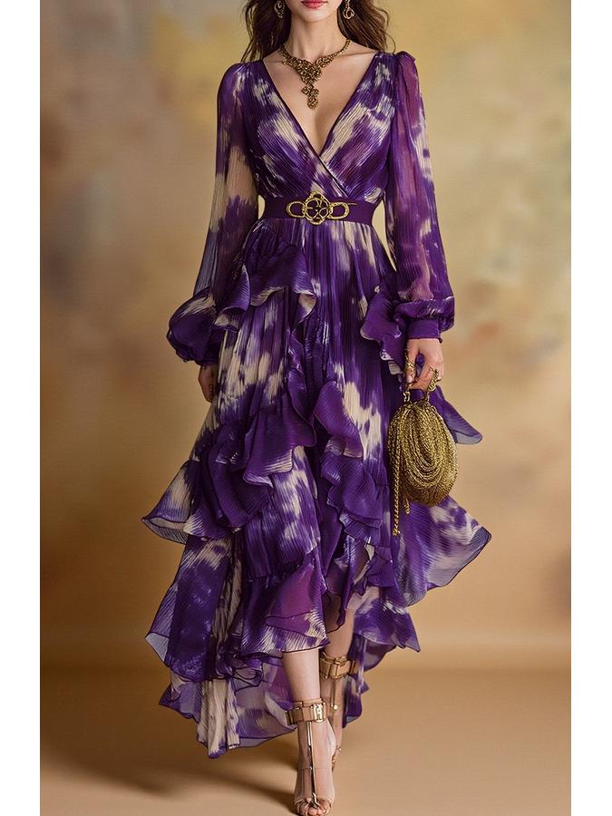 Women s Printed V-neck Irregular Long Sleeve Big Swing Dress, 2026 Collection XL фиолетовый