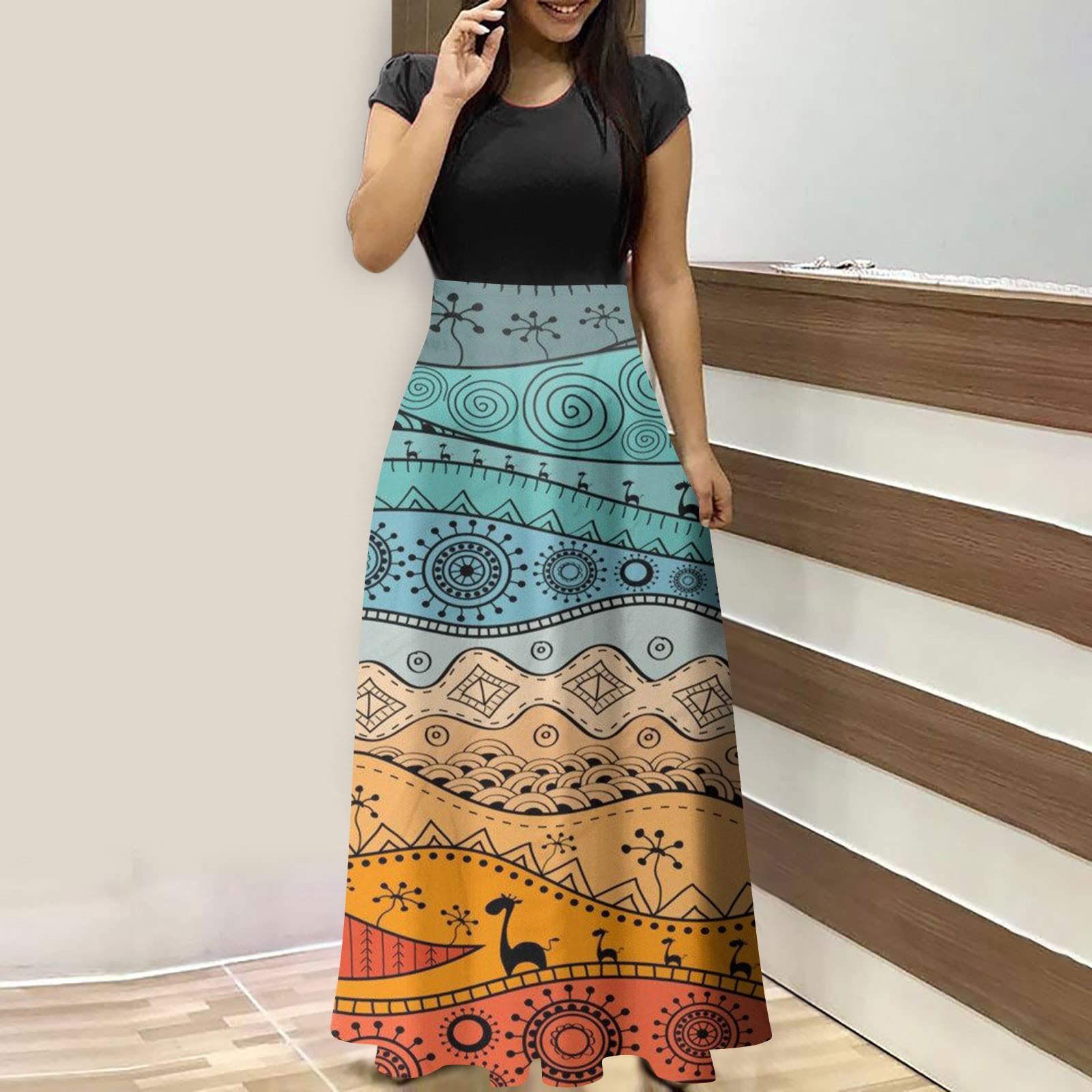 

Женская мода, повседневные длинные платья большого размера с круглым вырезом и короткими рукавами с этническим принтом XXL оранжевый