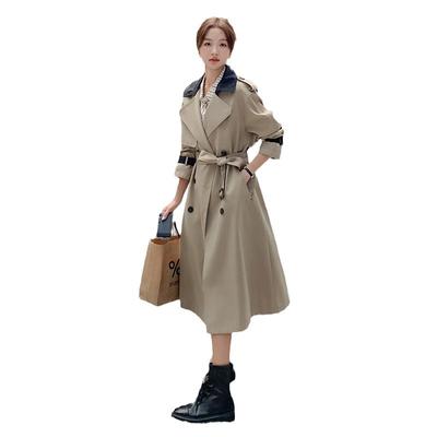 Women's New Design Contrasting Colors Long Trench Coat Women's Double-breasted Lace-up Top