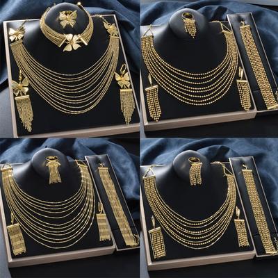 Dubai 18k Gold Plated Four-piece Set Necklace Bracelet Ring Earrings Multi-fine Chain Set Beautiful Bride Wedding Set Gifts