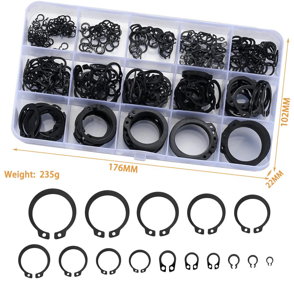 300Pcs Carbon Steel Black Shaft A-type C-type Spring Set M4-M28 Elastic Shaft Retaining Ring Box