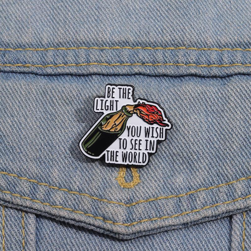 Be The Light You Wish To See In The World Enamel Pins Bottle and Light Cartoon Brooches Creative Positive Lapel Badge for Gift