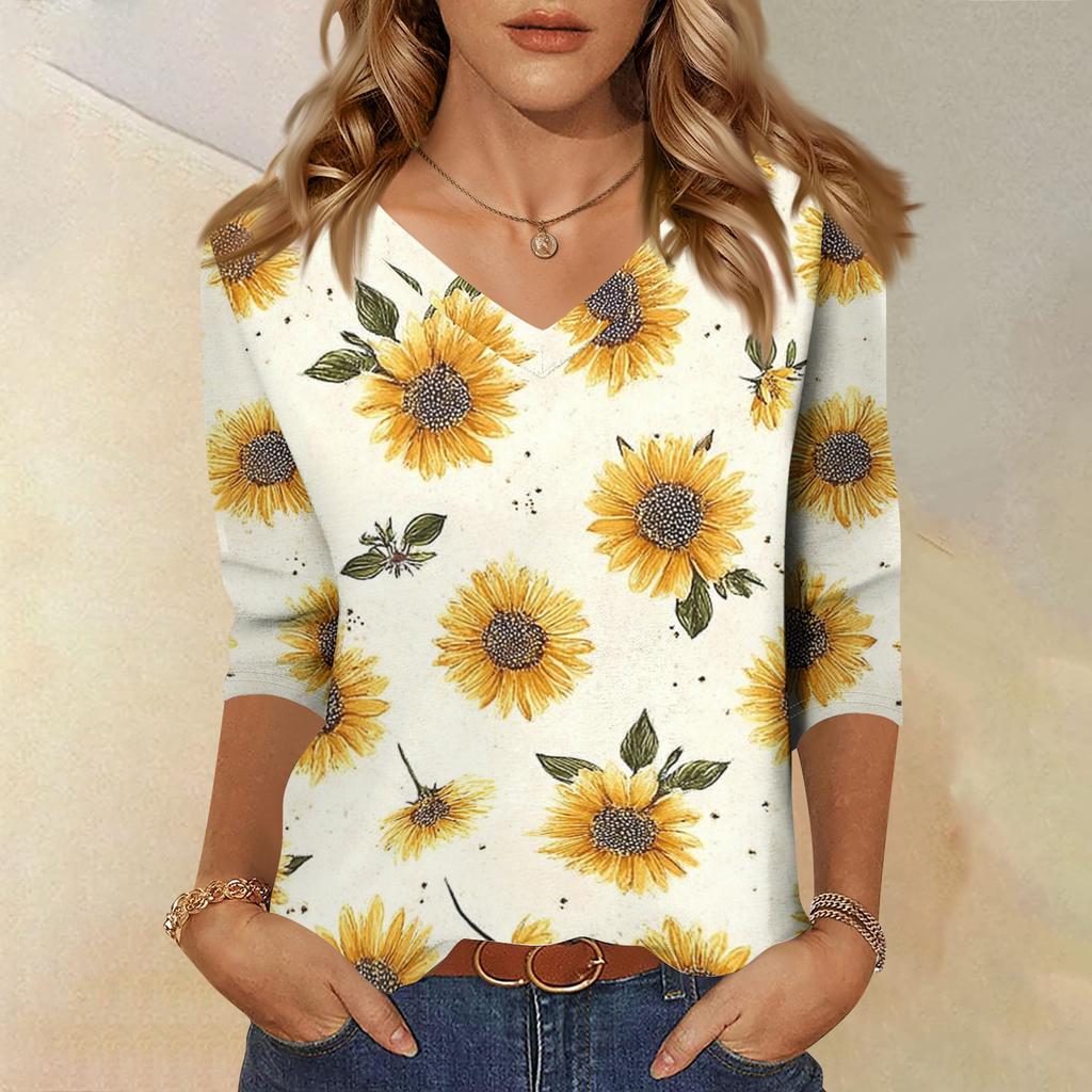 Women's Fashionable Casual V-Neck Three-Quarter Sleeve Printed T-Shirt Top