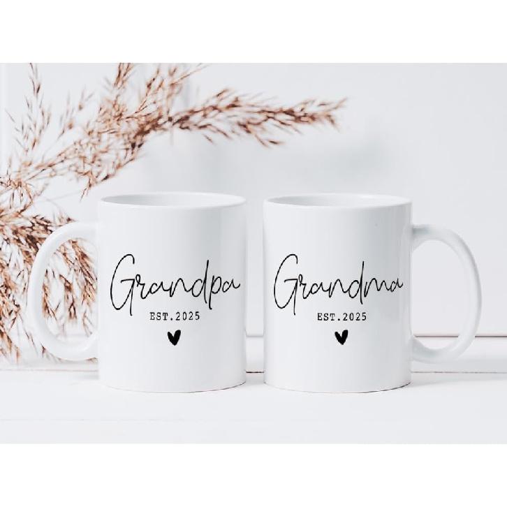 EST 2025 Grandpa Grandma Mugs Set Gifts for New Grandparents, EST 2025 First Time Grandpa Grandma Gift, Valentine Pregnancy Reveal Announcement Mug