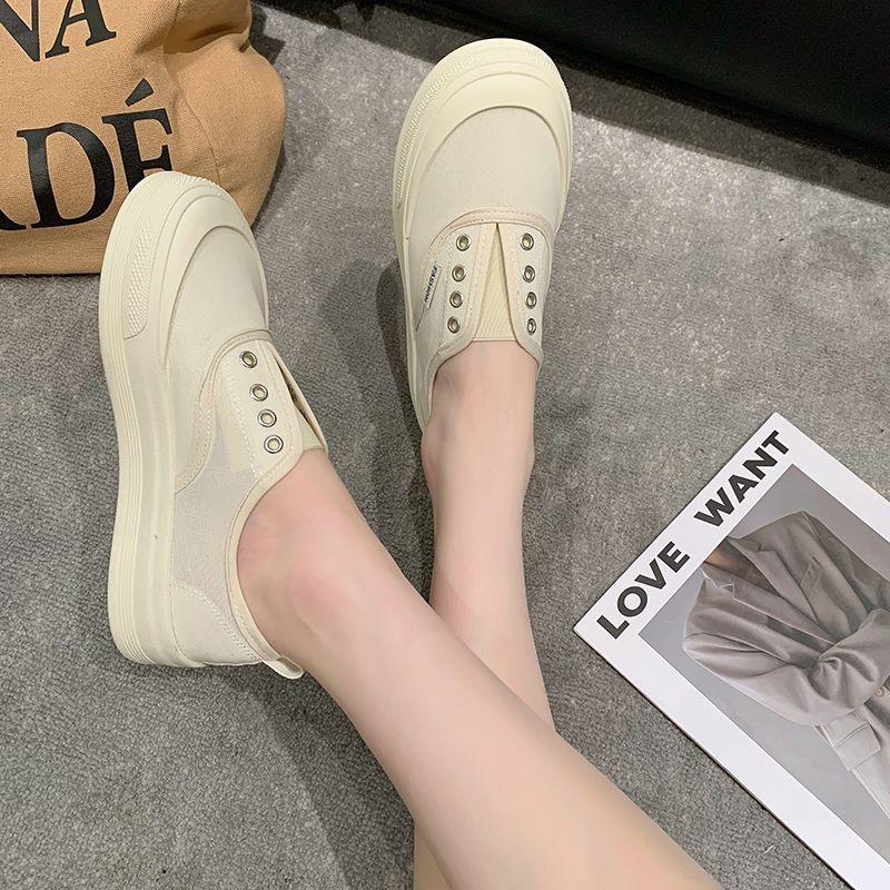 Female Footwear Canvas Off White Women's Shoes High On Platform Slip Original Cotton 2024 New Comfortable and Elegant Light Shoe