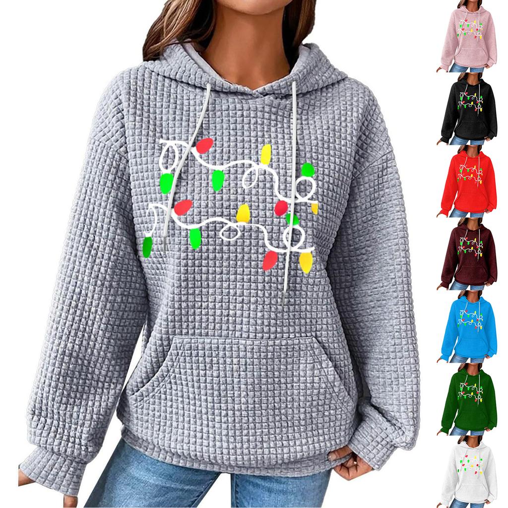 Women's Fashion Loose Hooded Pullover Long Sleeve Plaid Sweatshirt With Drawstring, Drop Shoulder, Pocket, Christmas Print Top