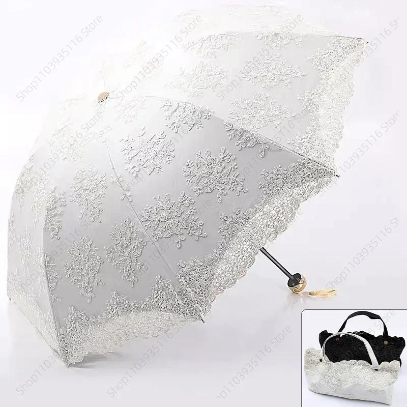 Women Lace Sun Rain Umbrella Fashion Black Coating Sunscreen Sunshade Princess Lady Compact Travel Rainproof Parasol Portable cm nero