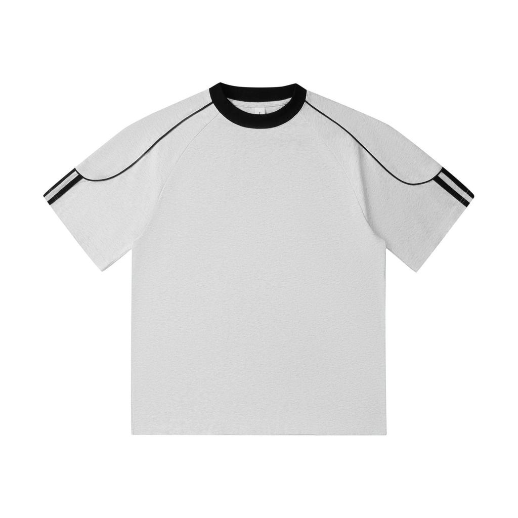 Unisex Color-Block Braided Cord Pull Tab Drop-Shoulder T-Shirt with Round Neck