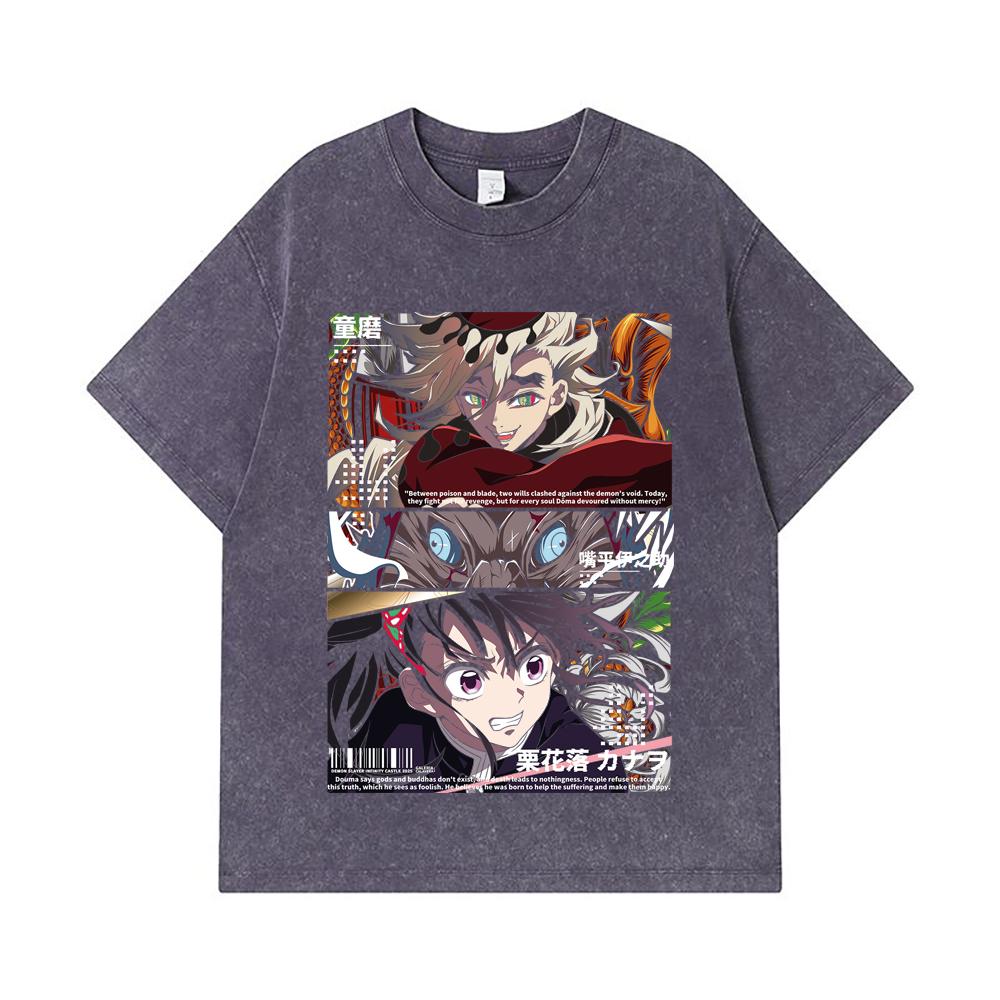 275 GSM Washed T-shirts 100% Cotton Demon Slayer V30 Kanao x Doma Black Print Unisex Heavy Cotton T Shirt