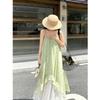French fresh green lace floral splicing suspender dress women's summer temperament seaside vacation irregular long dress