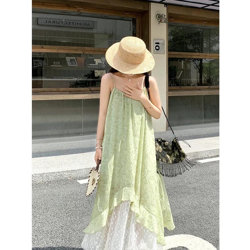 French fresh green lace floral splicing suspender dress women's summer temperament seaside vacation irregular long dress