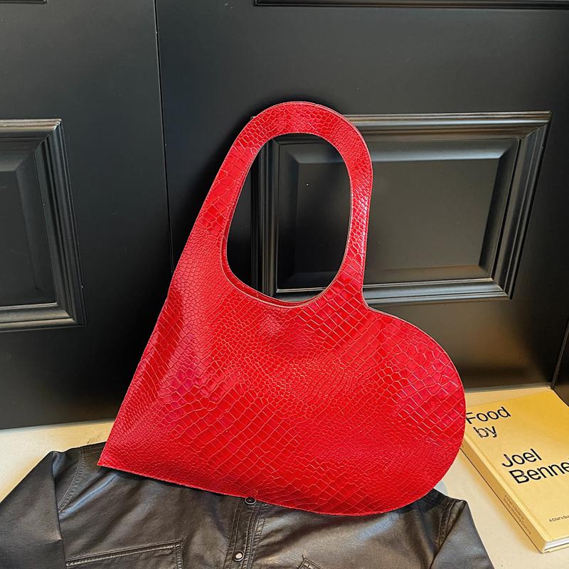 

Lightweight Glossy Red Black PU Shopping Shoulder Bag Trendy Heart-Shaped Crocodile Pattern Tote Bags For Women Handbag Daily Commute червоний