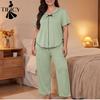 Moda Feminina Primavera Verão Cor Sólida Estampa Manga Curta Gola Polo Casual Conjunto de Pijama