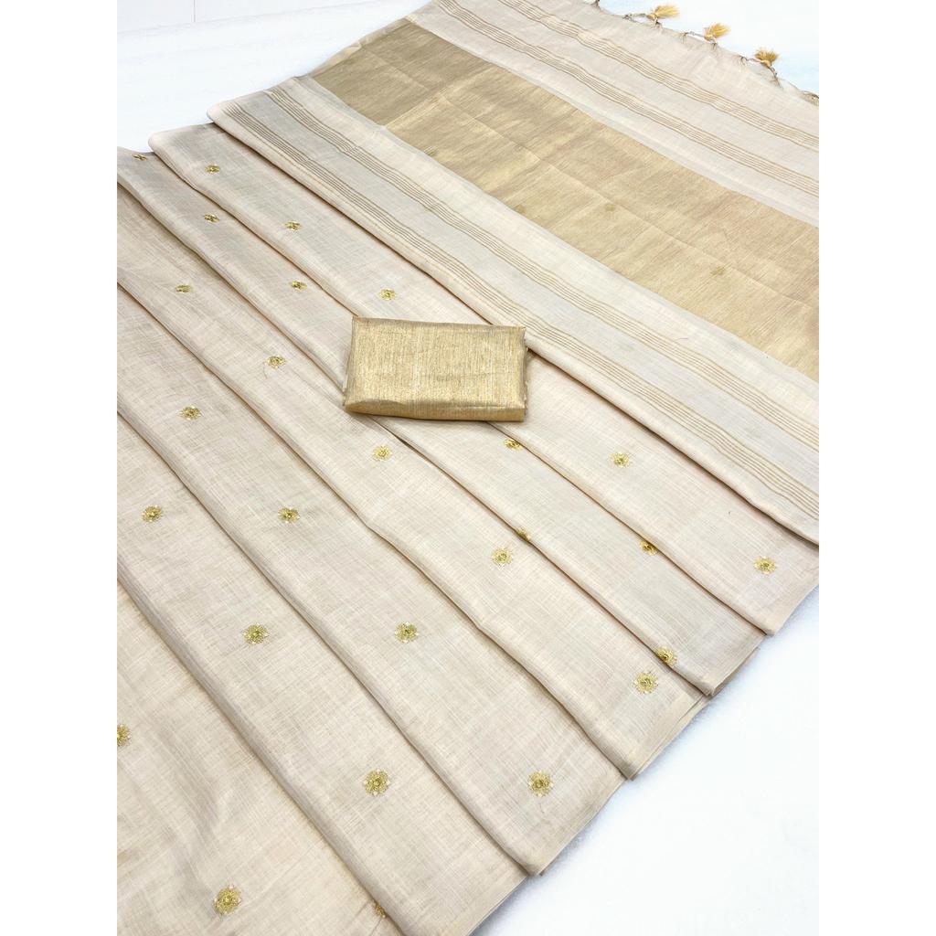 Premium Linen Silk Embroidered Saree with Elegant Latkan Detailing