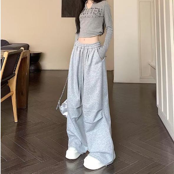 American Gray Hip Hop Wide-Leg Jazz Sweats: Loose, Floor-Length Women's Casual Sports Pants