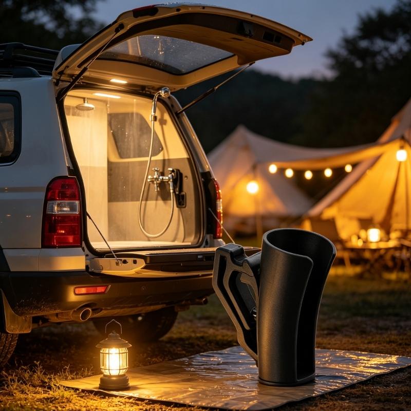 Camping Wash Station Shower Bracket with ABS Plastic Clip-On Cradle for Rear Vehicle Rinse Placement and Storage Use