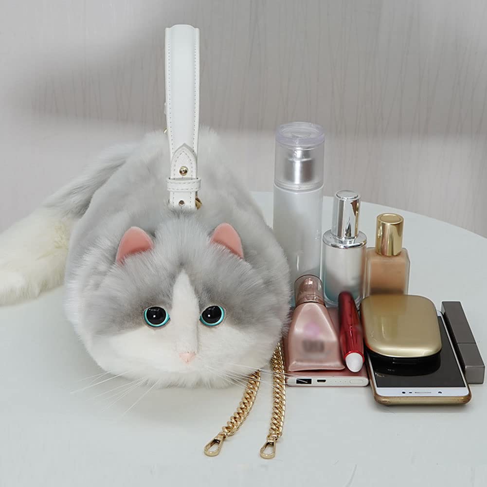 HIGHAWK Lifelike Plush Cat Fluffy Shoulder Bag for Gift for Cat Soothing Ornament Size Realistic, Bag, Women, Lovers, (Gray, L)