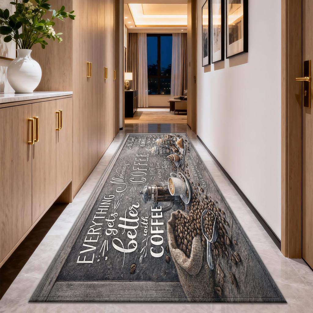 Vintage Coffee Quote Print Long Runner Rug, Everything Gets Better with Coffee Non-Slip Floor Mat for Kitchen, Washable Cafe