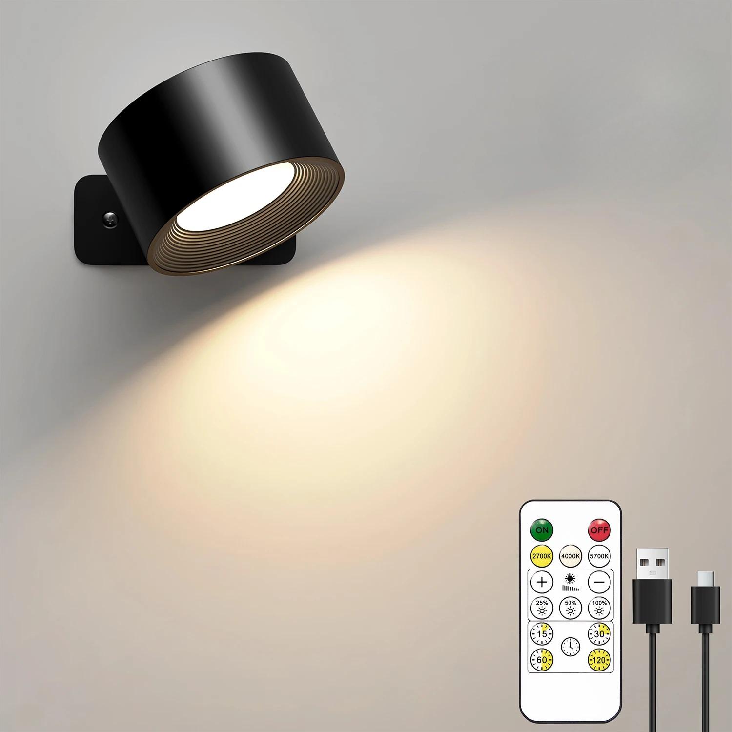 

Rechargeable LED Wall Sconce with Remote - 3 Color Dimmable Magnetic Wall Lamp, USB Charging, for Bedroom, Hallway, Reading 1PC чорний