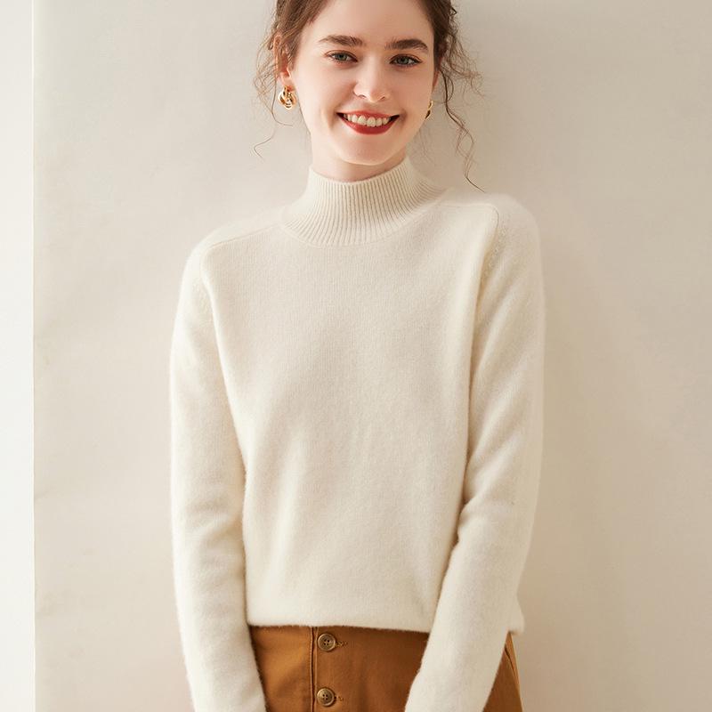 Women's Half High Neck Cashmere Sweater - Autumn/Winter Thick Solid Color Loose Fit with Saddle Shoulder Design.