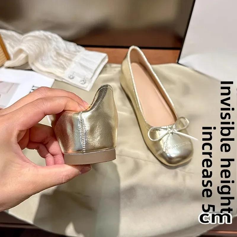 Fashion 2025 New Gold Silver Elegant Bowknot Round Toe Women's Flat Comfort Slip-On Ladies Ballerina Single Mules Shoes Zapatos Mujer