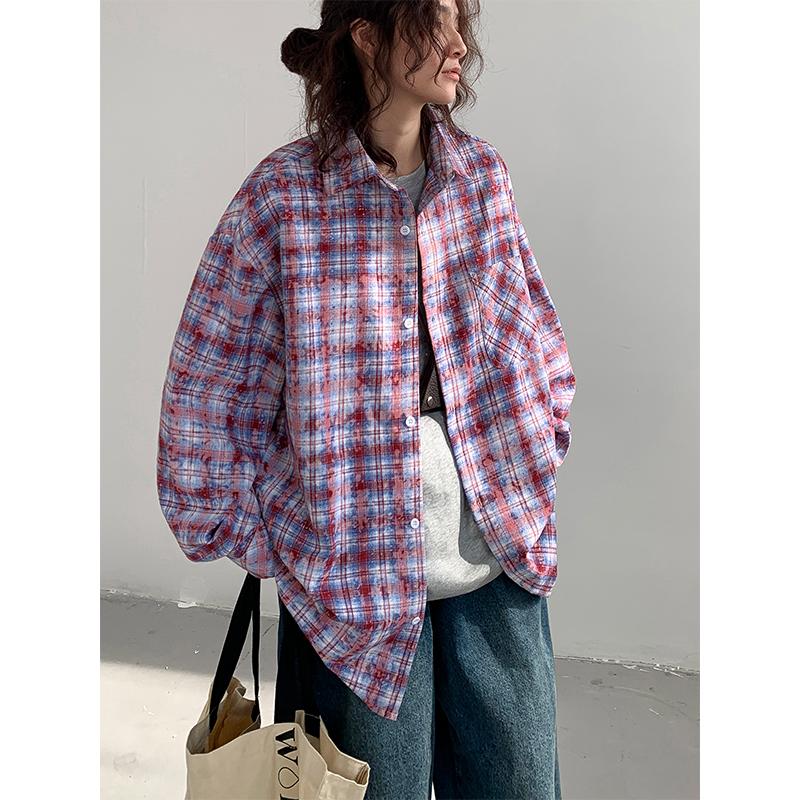 

Женская клетчатая рубашка Blackbb Tie-Dyed, весна-осень 24 года, новое свободное повседневное пальто Lazy 3XL розовый