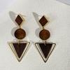 Korean Version Retro Style Natural Wood Geometric Triangle Round Earrings Long Temperament Generous