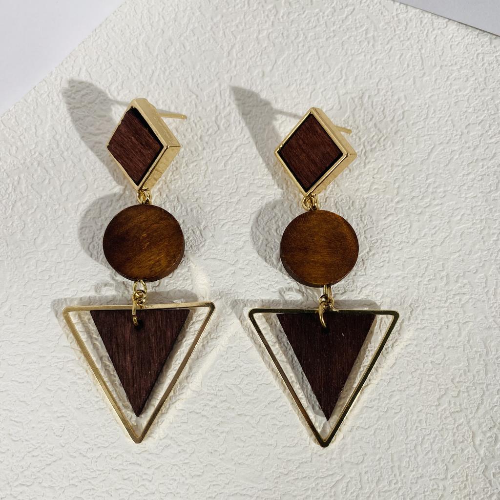 Korean Version Retro Style Natural Wood Geometric Triangle Round Earrings Long Temperament Generous