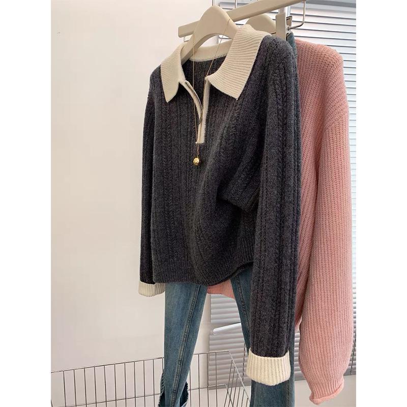 Women's Retro Color Block Polo Neck Sweater - Autumn Winter Slim Fit Knit Top