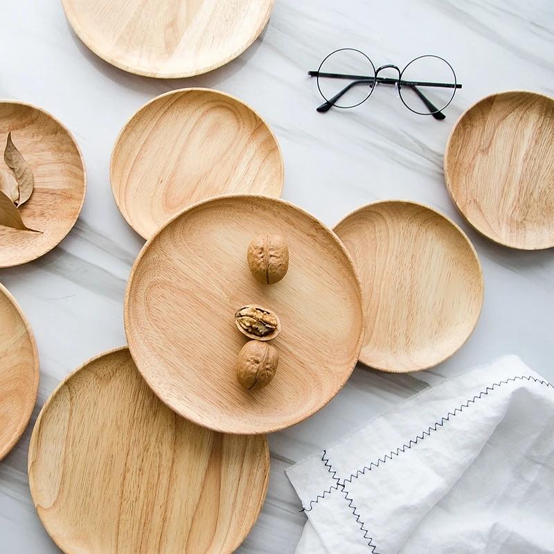 1Pc Round Wooden Plate Snack Dessert Plate Serving Tray Cake Fruit Dishes Food Plate Appetizer Tray Wooden Utensils Tableware