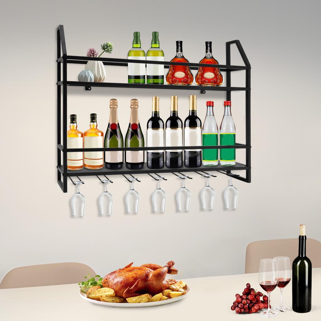Wall Mounted Wine Rack – Industrial Style 2-Tier Storage Organizer for Bottles & Goblets