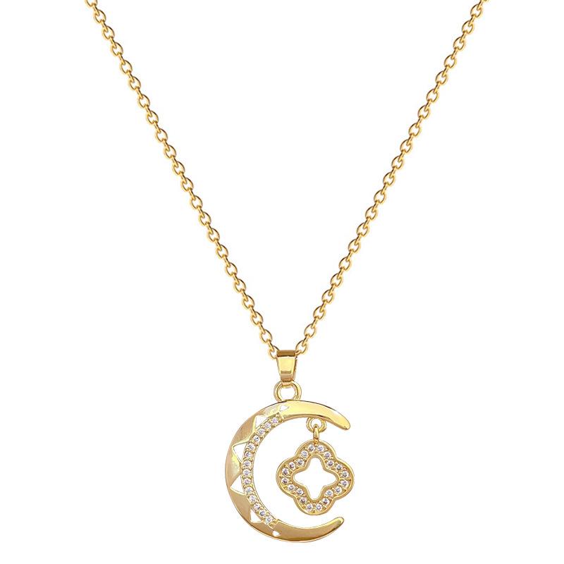 Moon Lucky Grass Full Diamond Light Luxury Temperament Gorgeous Full Diamond Necklace Female Versatile Clavicle Chain Titanium Steel