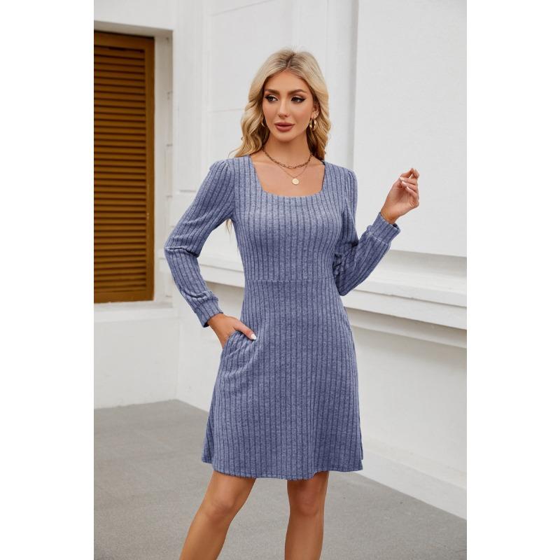Summer New Product Square Neckline Bag Knitted Sweater Long-sleeved Casual Dress Female YDJR6666