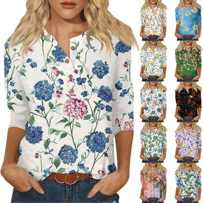 Women's Loose Casual Seven Quarter Sleeve Floral Print Round Neck Button Up Top Top