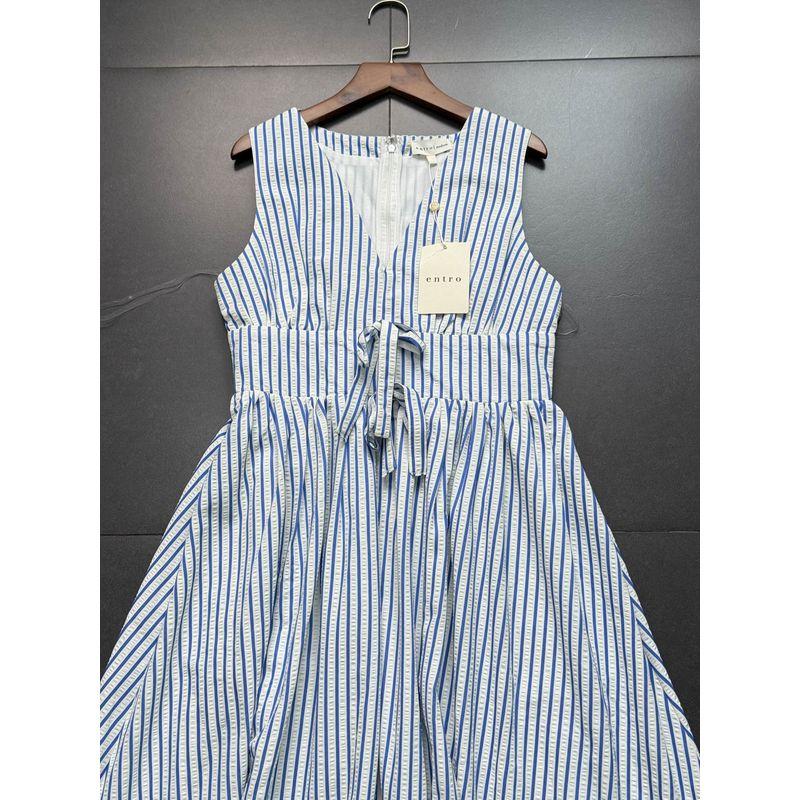 

Foreign Trade Order Entr0 Artistic Style Sleeveless V-neck Stripe Dress A Word Bow Swing Midi dress Dress Women Blue Stripe L
