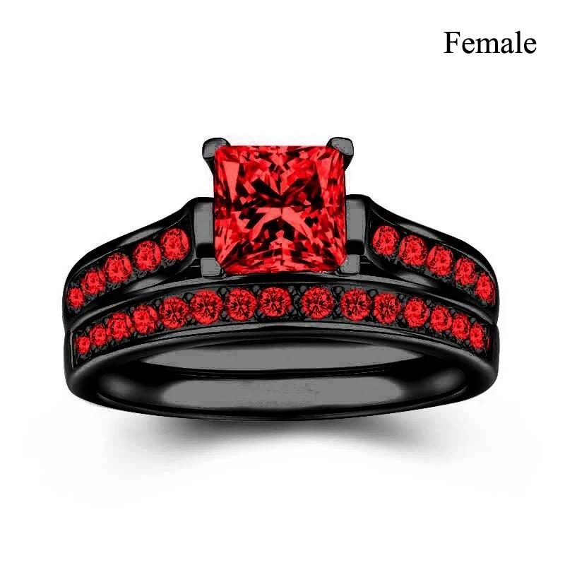 Fashion Couple Rings Romantic Red Rhinestones CZ Women Rings Set Trendy Men Stainless Steel Zirconia Ring Wedding Band Jewelry