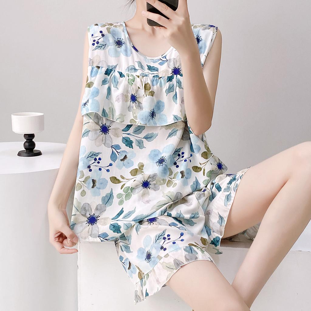 Anti-bumping Pajamas Women's Summer Vest Shorts Set Cotton and Silk Loungewear Can Be Worn Outside Loose Large Size Sweet and Cute