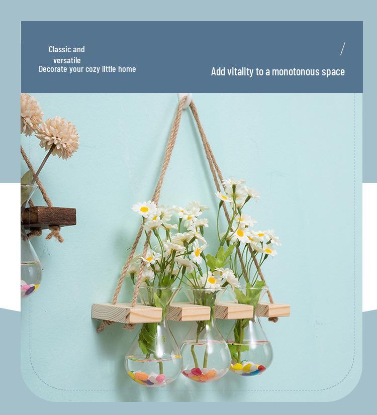 Retro Glass Wall-Mounted Hydroponic Vase with Light - Simple Decorative Ornament for Bedroom & Living Room