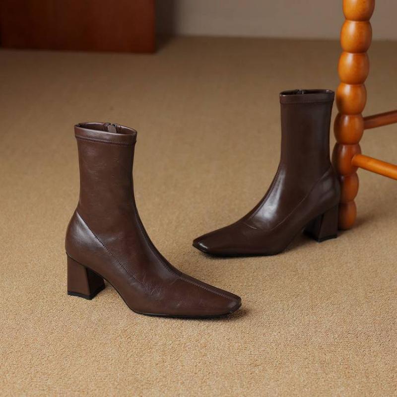 New Women's Versatile Solid Color High Heel Women's Boots Coarse Heel Comfortable Zipper Square Head Knight Boots Autumn and Winter Medium Boots Wome