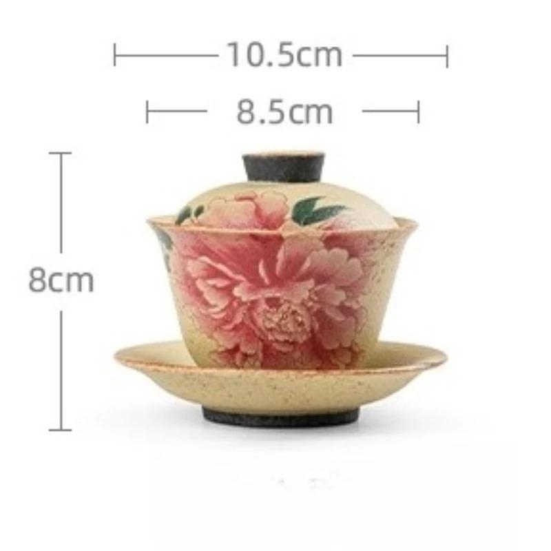 Red Ceramic Three Talents Cover Bowl Tea Maker, Old Retro Peony Small Teapot, Single Household High-end Tea Set