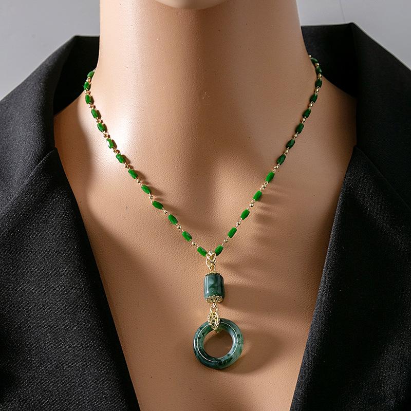 Vintage Emerald Gradual Change Safety Buckle Necklace, Lucky Flower Beauty Waist Pendant Resin Necklace