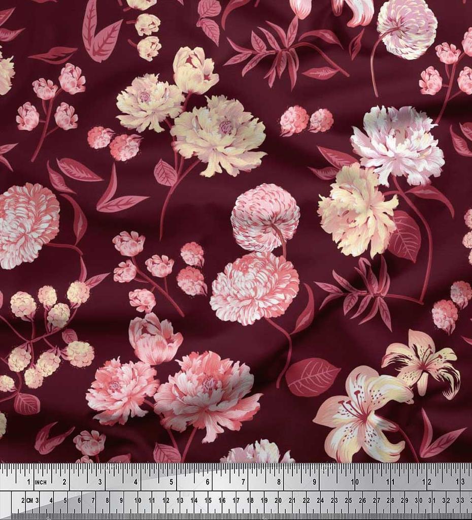 Soimoi Japan Crepe Satin Fabric Leaves,Peony & Dahlia Flower Printed Fabric 1 Metre 42 Inch