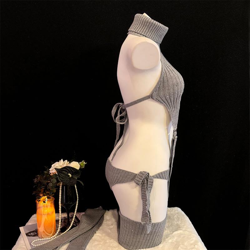Erotic Sexy Anime Cat Girl Gray Turtleneck Sweater Uniform Outfit Cosplay Women Backless Knit Clothes Garter Stocking Costume